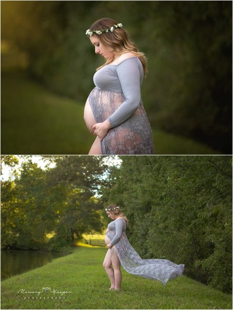 Mother to be in gray maternity gown embracing her belly